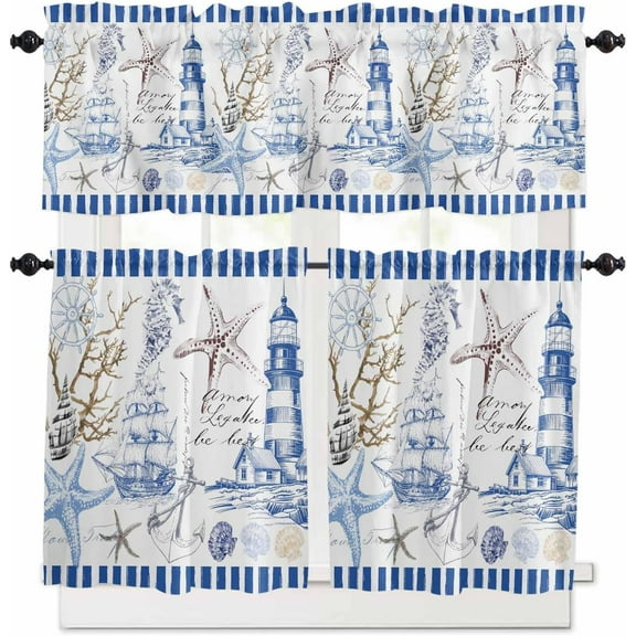 Navy Blue Coastal Kitchen Curtains, Summer Nautical 3-Piece Kitchen Curtain Valance and Tiers Set 24 Inch Length, Lighthouse Starfish Rod Pocket Half Window Curtains for Cafe Living Room Bathroom