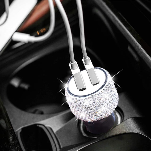Dual USB Car Charger Bling Bling Handmade Rhinestones Crystal Car Decorations for Fast Charging Car Decors for iPhone, iPad Pro/Air 2/Mini, Samsung Galaxy Note 9 8 S9 S9+ LG Nexus HTC etc(White)
