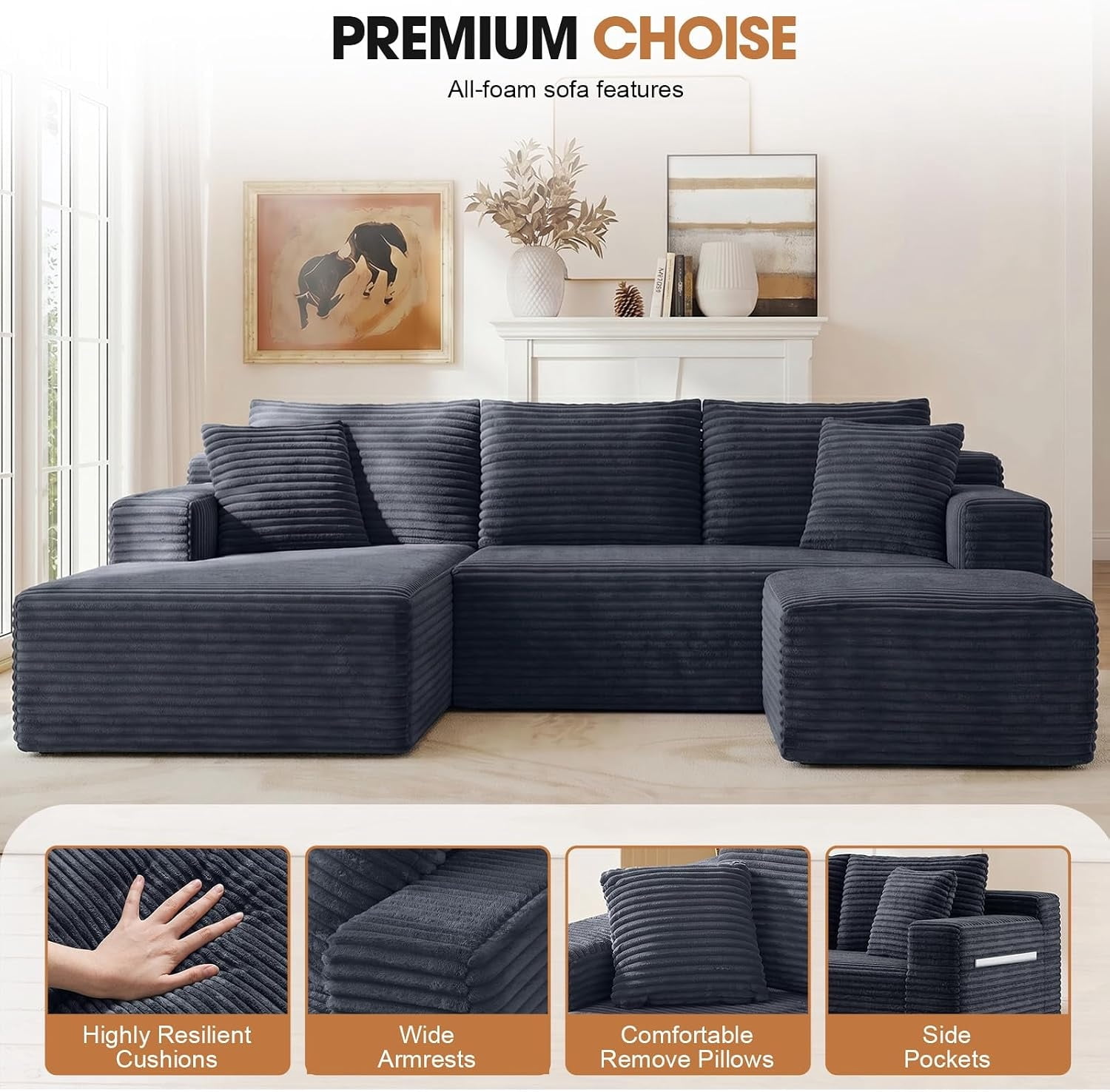 MOONMISS Small Modular Sectional Sofa with Movable Chaise and Ottoman,U-Shaped Boneless Cloud Couch for Living Room Apartment,Gray(Left Facing Chaise)