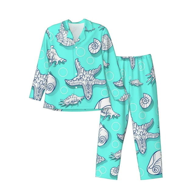 Fotbe Seashell And Starfish Pijama de Hombre con Estampado de Manga Larga, Conjunto de 2 Piezas, Ropa de Dormir Suave y Cómoda con Bolsillos-Small