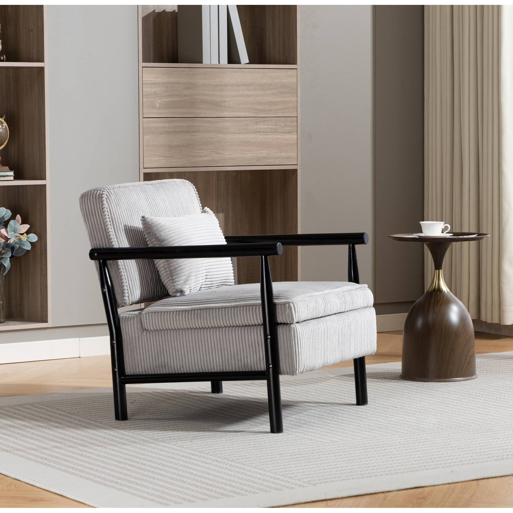 Mid-Century Accent Chair with Storage, Modern Comfy Reading Armchair with Lumbar Pillow for Living Room, Grey