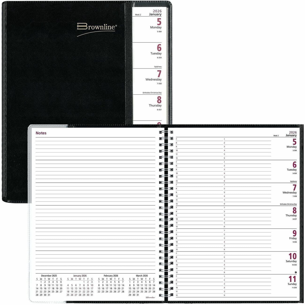 Brownline 2026 Pre-Vu 12-Month Weekly Planner - January to December - 11" x 8-1/2" - Black - English (cb925blk)