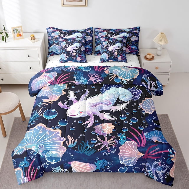 YST, Ocean Axolotl Comforter Set, Sea Marine Theme Bedding Set, 7-Piece, Queen