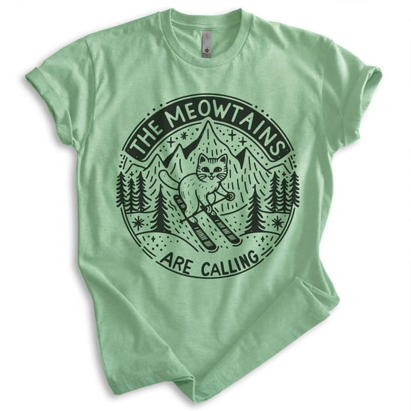 The Meowtains Are Calling Cat Skiing T-shirt, Unisex Women's Men's Shirt, Ski Kitten Animal Mountain, Heather Apple Green, Medium