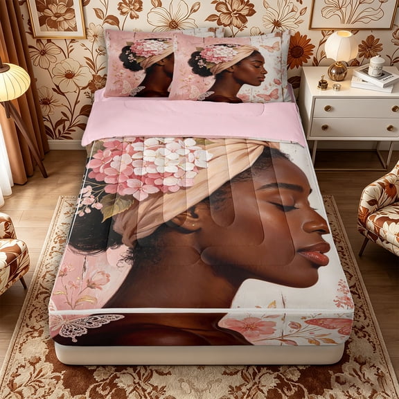 Castle Fairy Romantic Woman With Hydrangea Headwrap Zipper Twin Comforter Sets with Fitted Sheet and 2 Pillowcases,Delicate Butterfly Floral Art Zipper Bedding Set,Pink Reversible,4-Piece