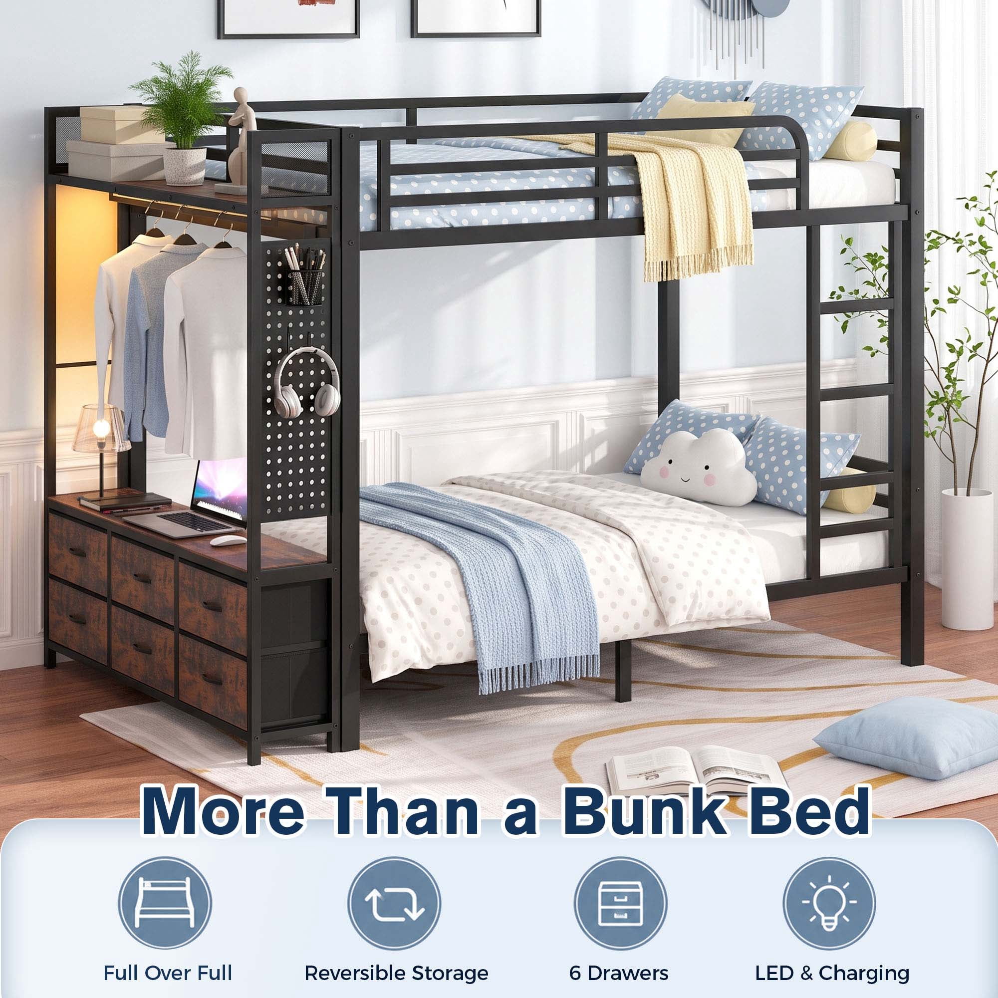 Miniyam Full Over Full Metal Bunk Bed with 6 Storage Drawers, LED Light and Charging Station, Black