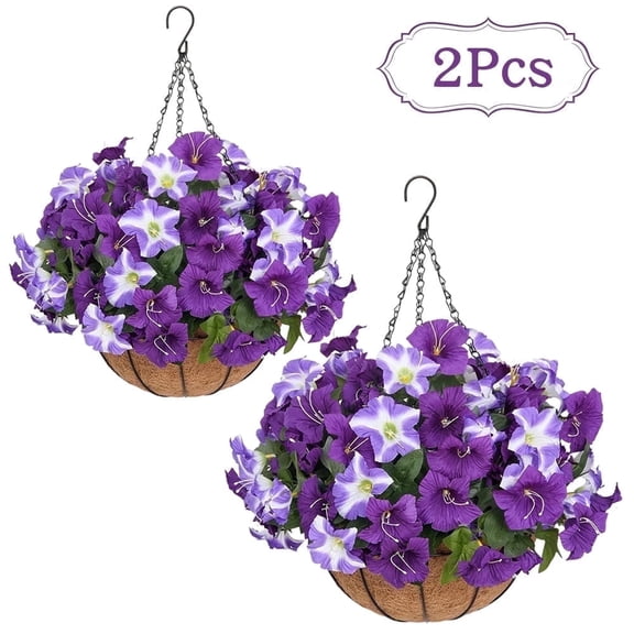 FAKCOJI-2 Sets Of Artificial Hanging Flower Baskets for Plant Outdoor Decoration, Simulated Silk Anti Uv Morning Glory Flowers, Suitable For Home Porch, Terrace, Garden, Courtyard