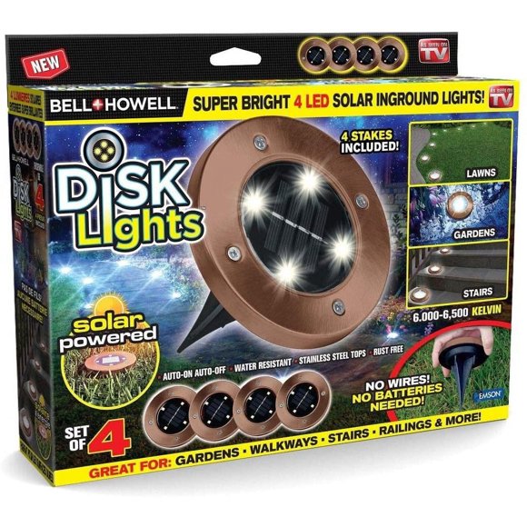 Bell + Howell Disk Lights Bronze - Heavy Duty Outdoor Solar Pathway Lights, 4 LED, Waterproof, Auto On/Off, 4 Pack