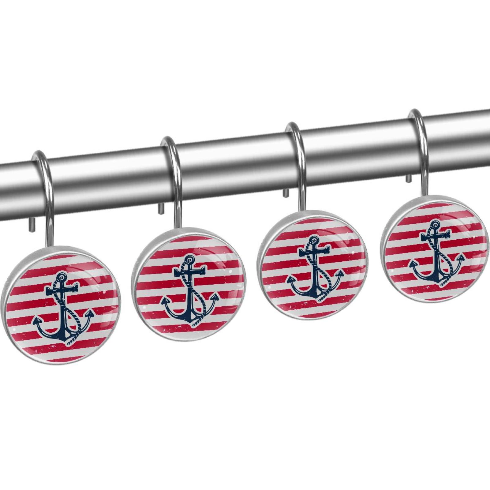 Anchor Shower Curtain Hooks（Set of 12）for Home Hotel Shower Rods Bathroom Crystal Glass Print Stainless Steel Round Curtain Hooks