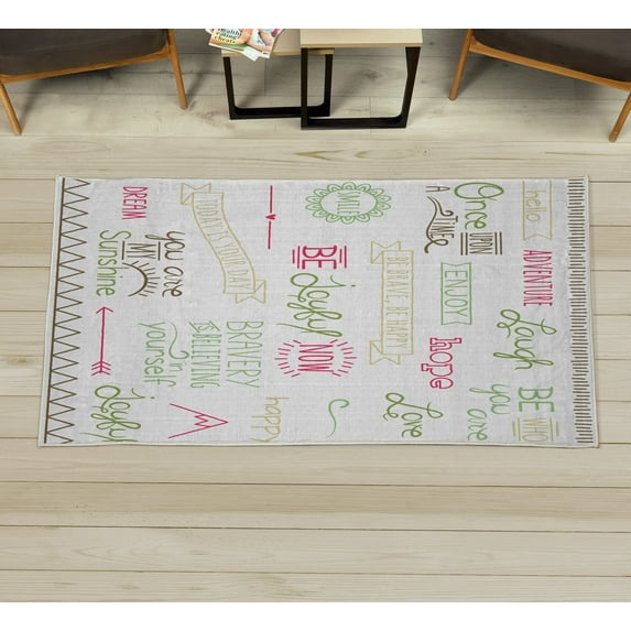 Adventure Decorative Rug, Various Words on Happiness and Self Value Uplifting Phrases Being Who You Are, Quality Carpet for Bedroom Dorm and Living Room, 6 Sizes, Pale Olive, by Ambesonne