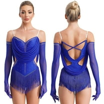 Aiihoo Womens Glittery Rhinestones Tassels Leotard Dance Shiny Rhinestones Latin Ballet Dancewear Blue XL