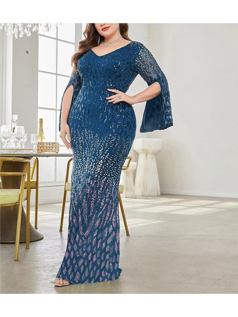 chinese dress ladies Long Sleeves Royal Blue Mermaid Ruffles V-Neck Floor Length Prom Dresses