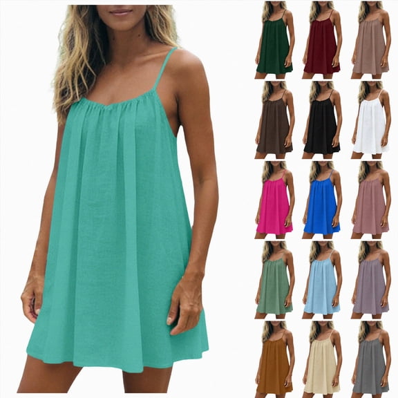 COMVALUE Open Back Summer Dress for Women Spaghetti Strap Summer Beach Flowing Sundress Swing Solid Color Sundress Black S