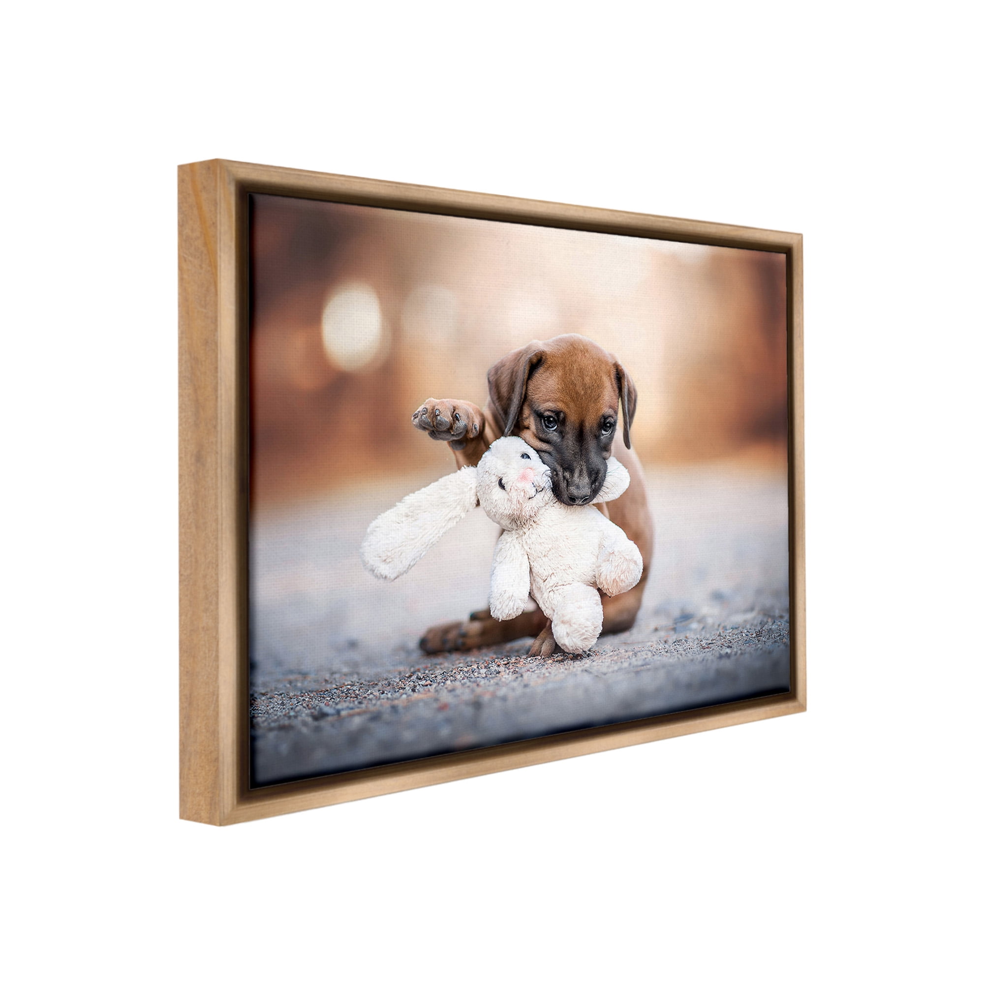 Stupell Industries Puppy with Plushie Toy Animals & Insects Painting Brown Floater Framed Canvas Art Print Wall Art, 31 x 25