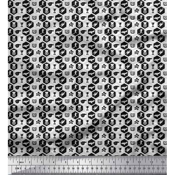 Soimoi Black Cotton Voile Fabric Airplane,Trophy & Geometric Symbol Print Fabric by the Yard 42 Inch Wide