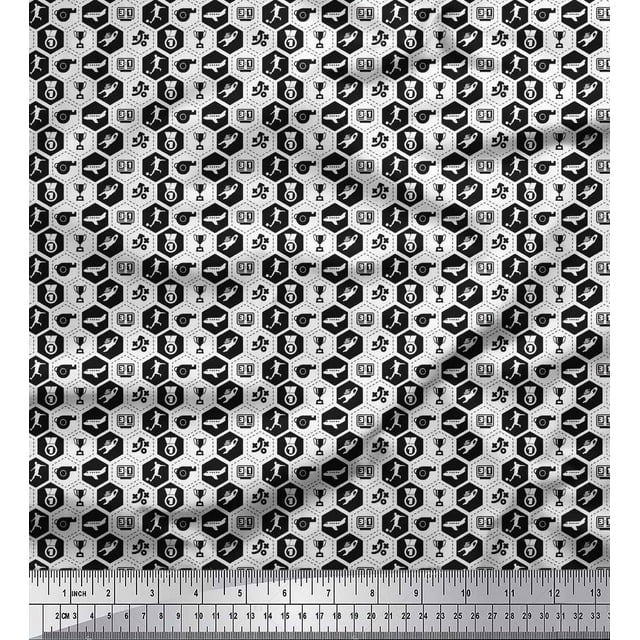 Soimoi Black Poly Georgette Fabric Airplane,Trophy & Geometric Symbol Decor Fabric Printed Yard 52 Inch Wide