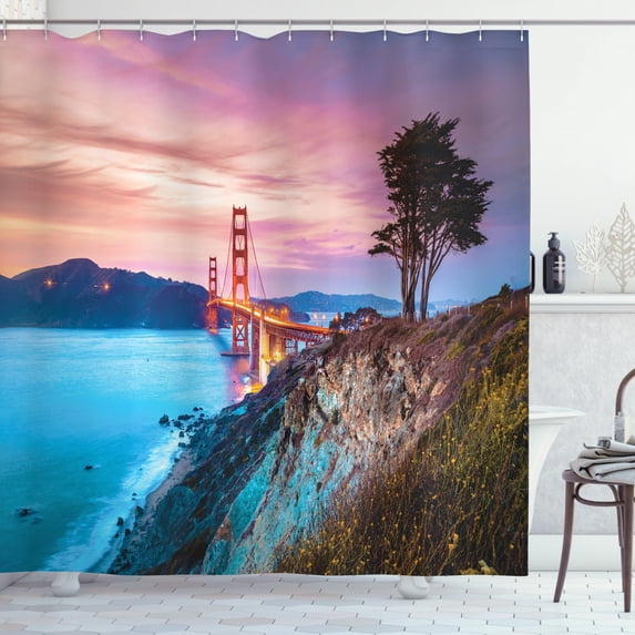 Ambesonne Night Ocean Shower Curtain, Golden Gate Bridge Tree, 69"Wx70"L, Multicolor