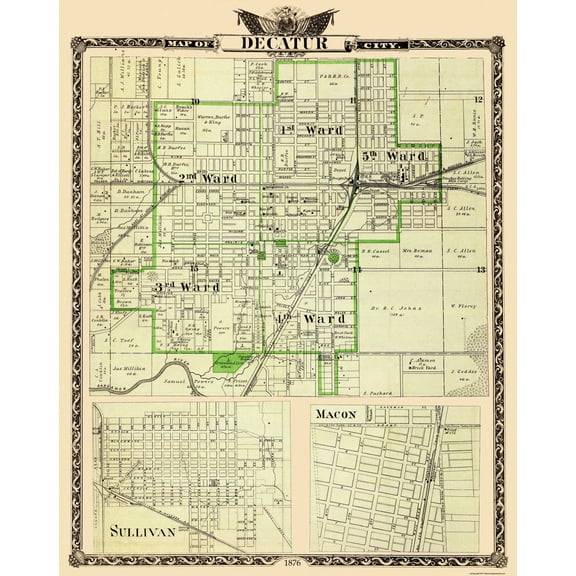 Historic City Map - Decatur Sullivan Illinois  - Warner 1876 - 23 x 28.94 - Vintage Wall Art