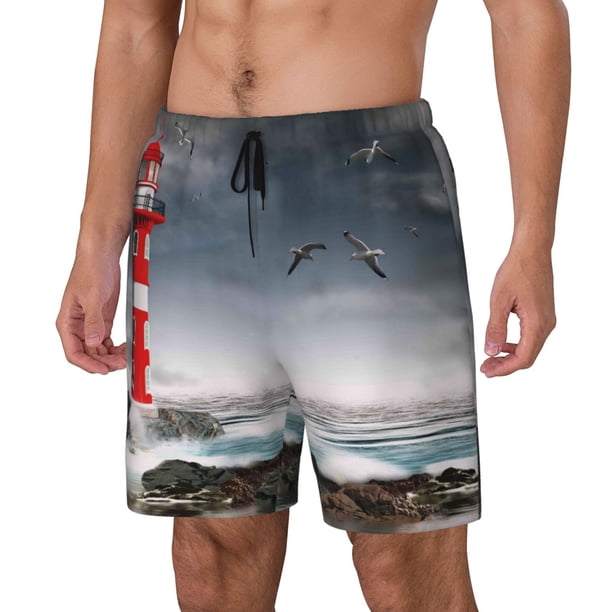 Fotbe 3d Lighthouse in the Surf Traje de Baño para Hombre – Shorts de Natación de Secado Rápido con Forro y Bolsillos-X-Large