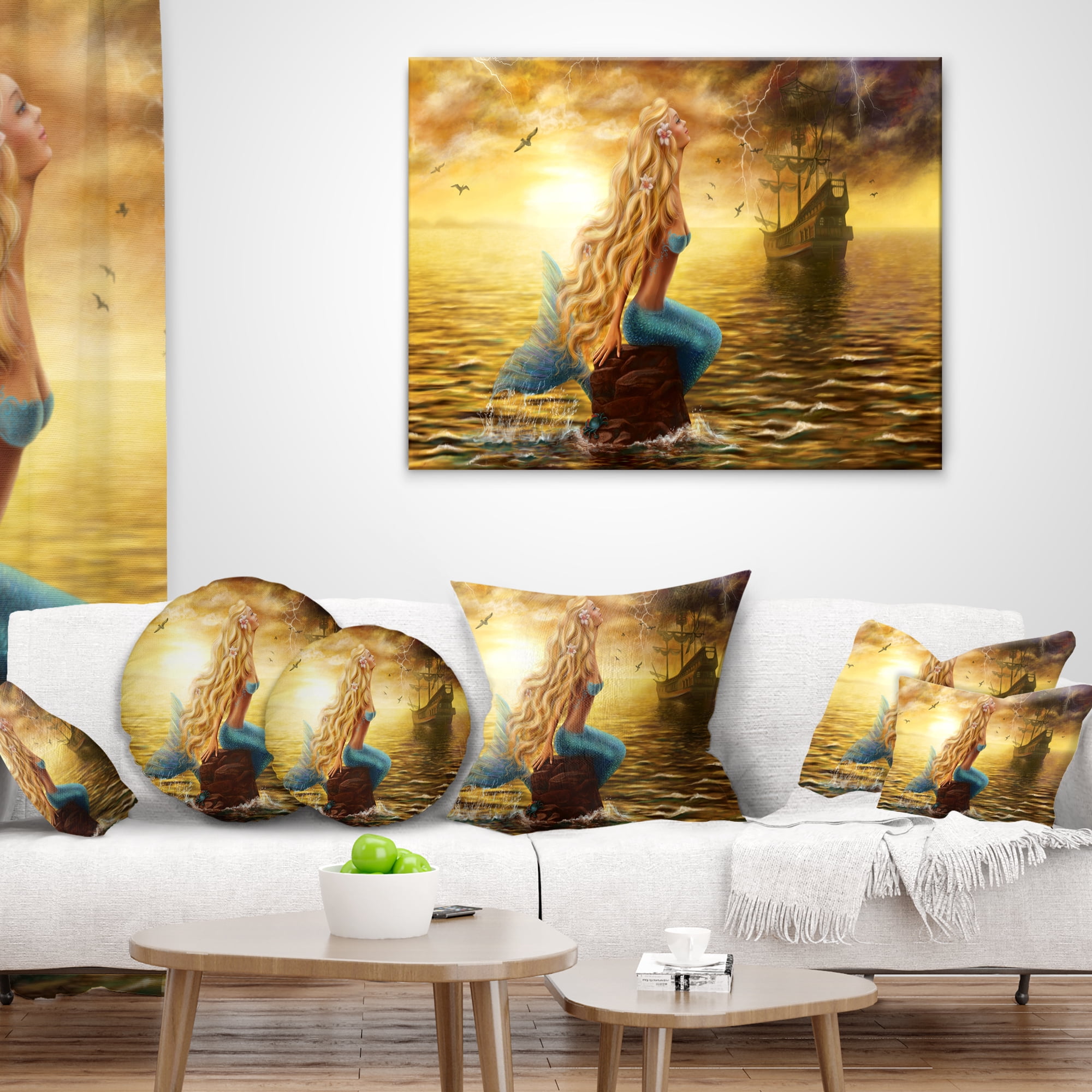 Designart Sea Mermaid with Ghost Ship - Seascape Throw Pillow - 18x18