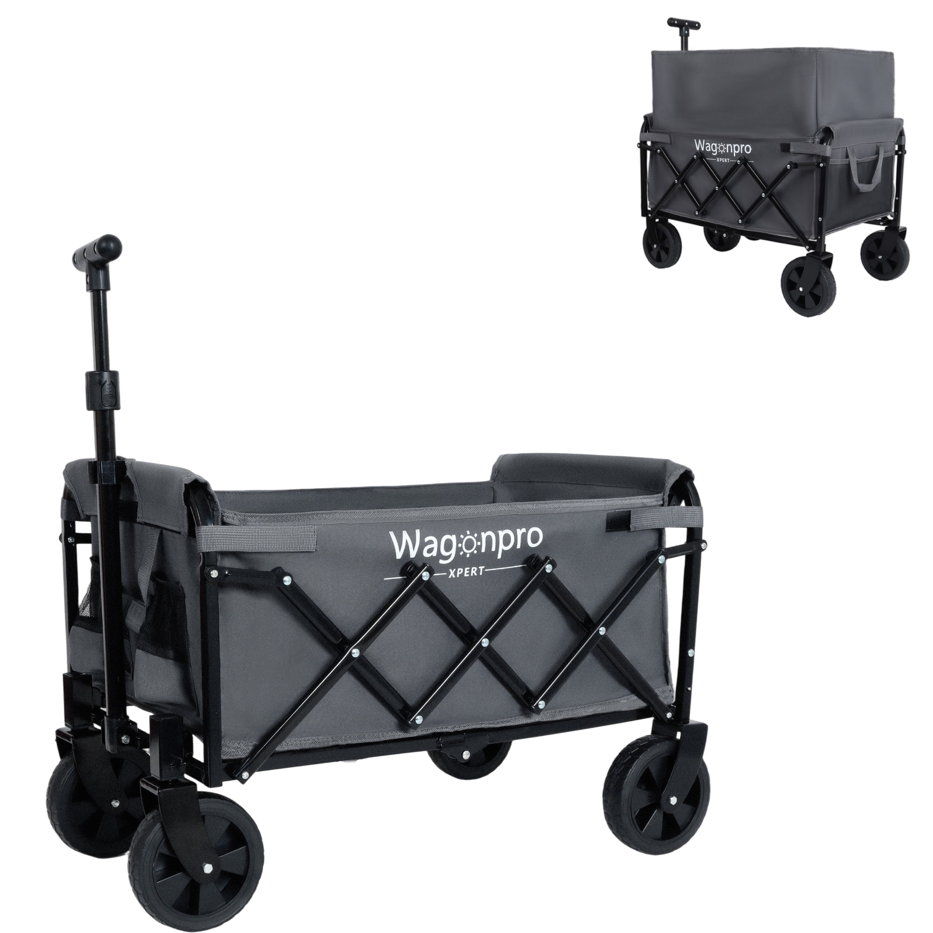 Dual-Layer Collapsible Wagon Cart with Expandable Storage 360° Swivel Wheels Heavy Duty Foldable Outdoor Utility Wagon for Beach Camping Garden