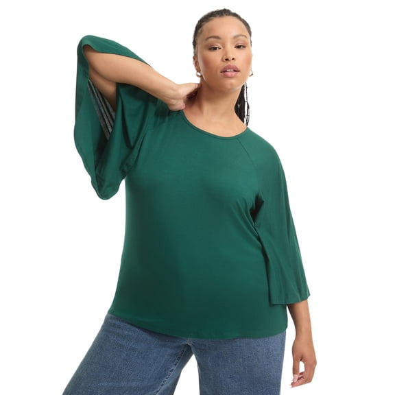 June & Vie Women's Plus Size Flared Raglan Sleeve Breton Tee
