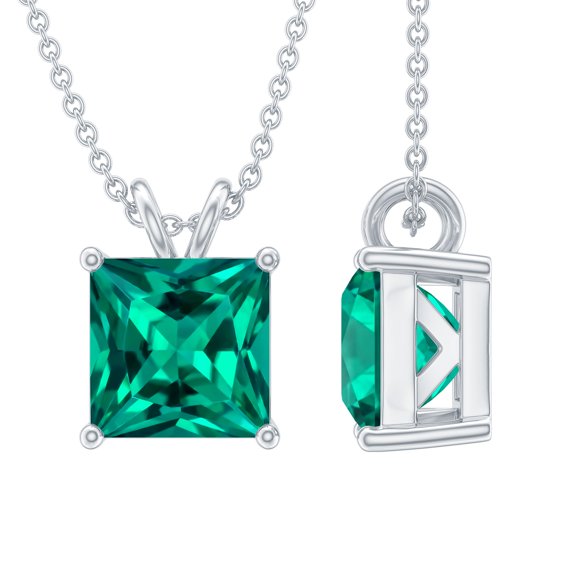 Rosec Jewels Lab Grown Emerald Pendant Necklace with Chain - 2.4 Ct - 8mm Princess Cut - AAAA Grade - Ready to Gift for Women, 925 Sterling Silver