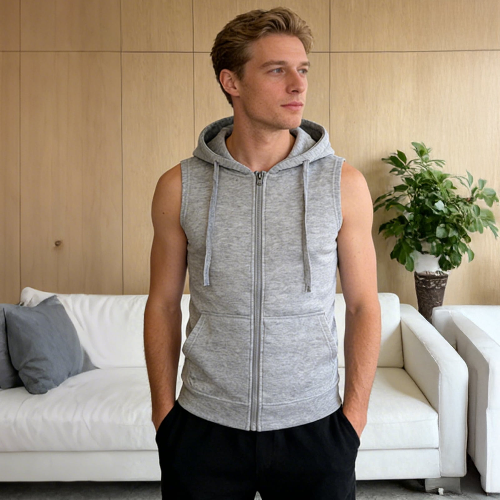 Jkung Men Vest Zipper Opening Lightweight Hooded Vest with Large Pockets Pure Color Summer Running Tops Casual Sportswear