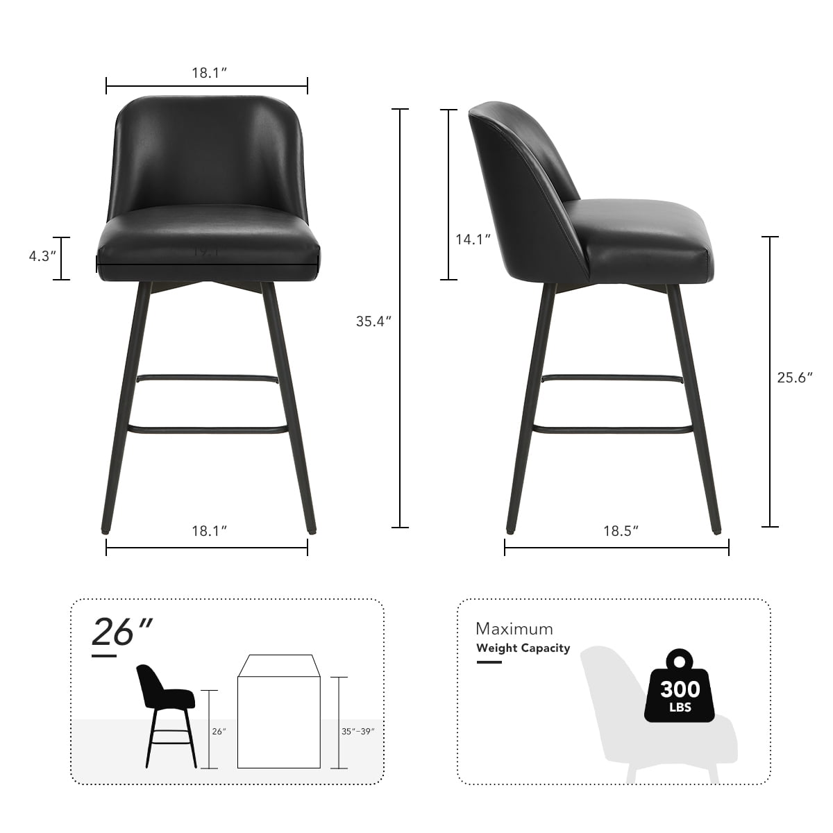 Modern Bar Stools Set of 4, 26" H Swivel Counter Height Barstools with High Backs, Kitchen Island Stools, For Bar & Home,Faux Leather, Black