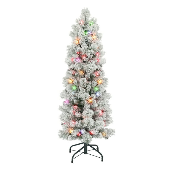 4.5 ft Flocked Portland Pine Pencil Tree with 195 tips 100 Multi-color Incandescent Lights