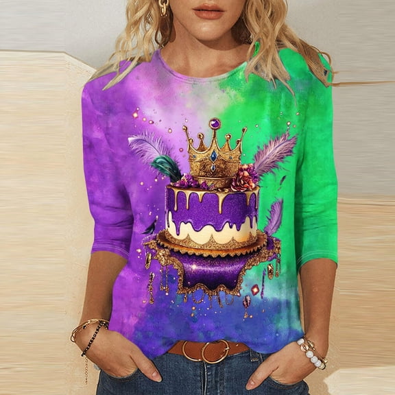 Craaazy Women's Mardi Gras Mask Prints 3/4 Sleeve Loose Crew Neck Sweatshirts Gifts