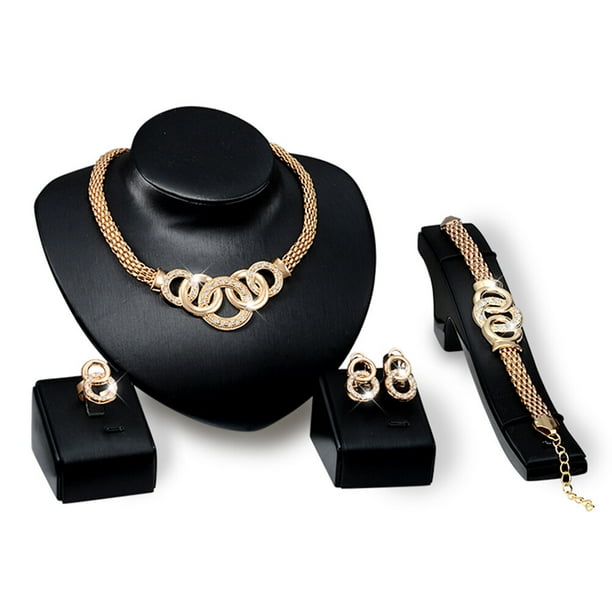 EeaseMX Conjunto de 4 piezas de joyería de 18 quilates con collar, pendientes, pulsera y anillo de diamantes de imitación.
