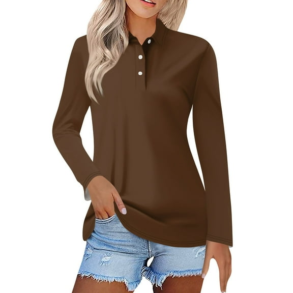 TQWQT Light Brown Polo Shirts for Women Long Sleeve Button Down Collared Shirts Casual Loose V Neck Tshrits Business Work Blouses Fall Tops Light Brown L