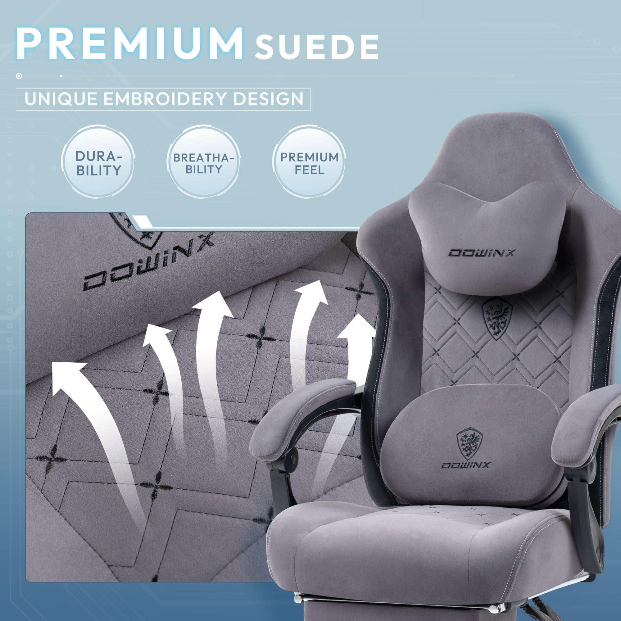 GOOSEA Fabric Gaming Chair with Heated Massage Lumbar Support, Big and Tall Game Chair for Adults, High Back PC Chair with Pocket Spring Cushion and Footrest, Grey