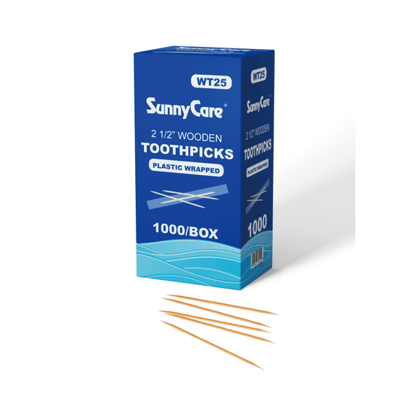Sunnycare 1000pcs Individually Wrapped Bamboo Wooden Toothpicks - Wood Round Double-Points