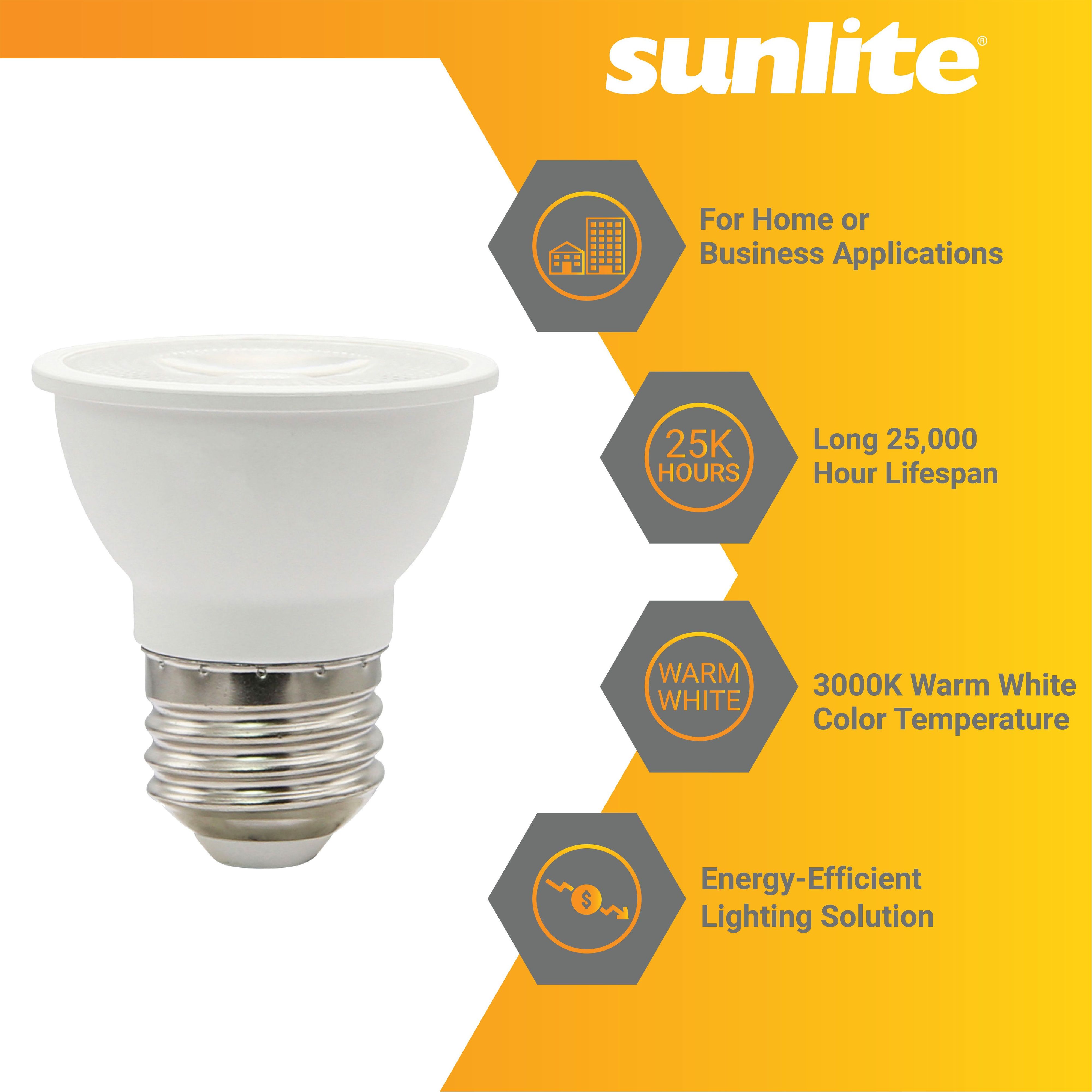 Sunlite LED PAR16 Short Neck Recessed Flood Light Bulb, 6 Watts (50W Halogen Replacement), Medium E26 Base, Dimmable, ETL Listed, 3000K Warm White, 6-Pack
