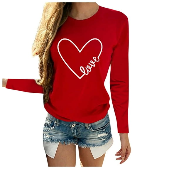 Plus Size Summer Clothes for Women Tops O Neck Casual Letter Print Long Sleeve Heart Shaped Women Blouse Thermal Sweatshirt Length Tops Dress Shirts And Blouses Tee Shirt Button down Shirt Red 3XL