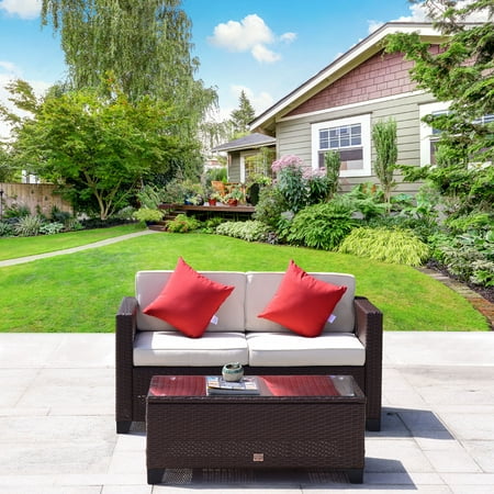 Rattan Glass Top Garden Table Cloud Mountain 2 PC Rattan Love Seat Furniture Bistro Sofa Set Outdoor Wicker Patio Garden Glass Top Table, Cocoa Brown Rattan with Creamy White Cushions ()