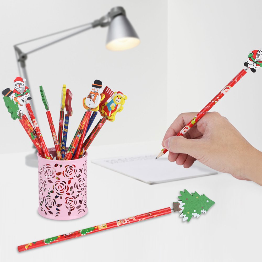 LYUMO 12Pcs Christmas Wood Pencils Snowman Santa Claus Cartoon Kids