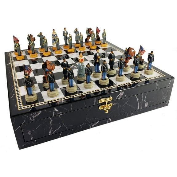 US American Civil War Queens Chess Set with 17" Black Faux Marble Storage Board