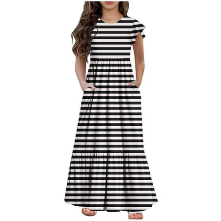 

LNWUY Girls Summer Fashion Dresses Short Sleeve Pleated Dress Crewneck Beach Dress with Pockets Casual Long Dress Black 130
