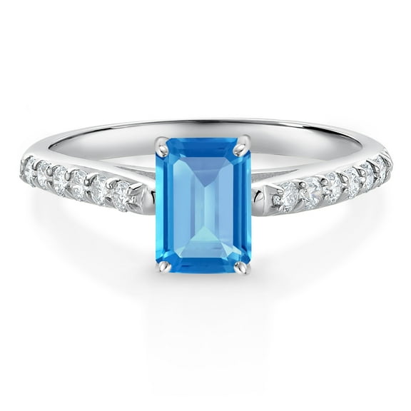 Gem Stone King 1.15 Ct Emerald Cut Swiss Blue Topaz G/H Lab Grown Diamond 10K White Gold Engagement Ring (Size 7)