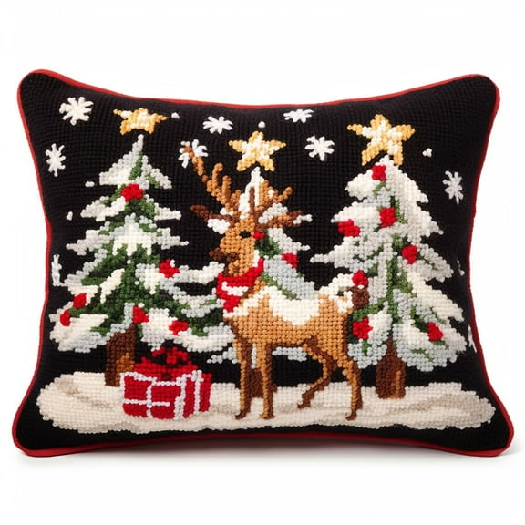Christmas Reindeer Latch Hook Pillow Kits for Beginner Needle Crochet Yarn Kits with Stamped Canvas Embroidery Cushion Hook and Latch Throw Pillow Christmas Decoration 43x43cm