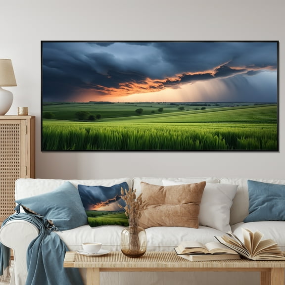 Designart "Farm Life Under Stormy Skies II" Extra Large Landscapes Framed Wall Art - Traditional Green Storms Entryway Framed Wall Art Print