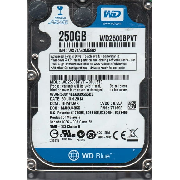 WD2500BPVT-00JJ5T0, DCM HHMTJAK, Western Digital 250GB SATA 2.5 Hard Drive