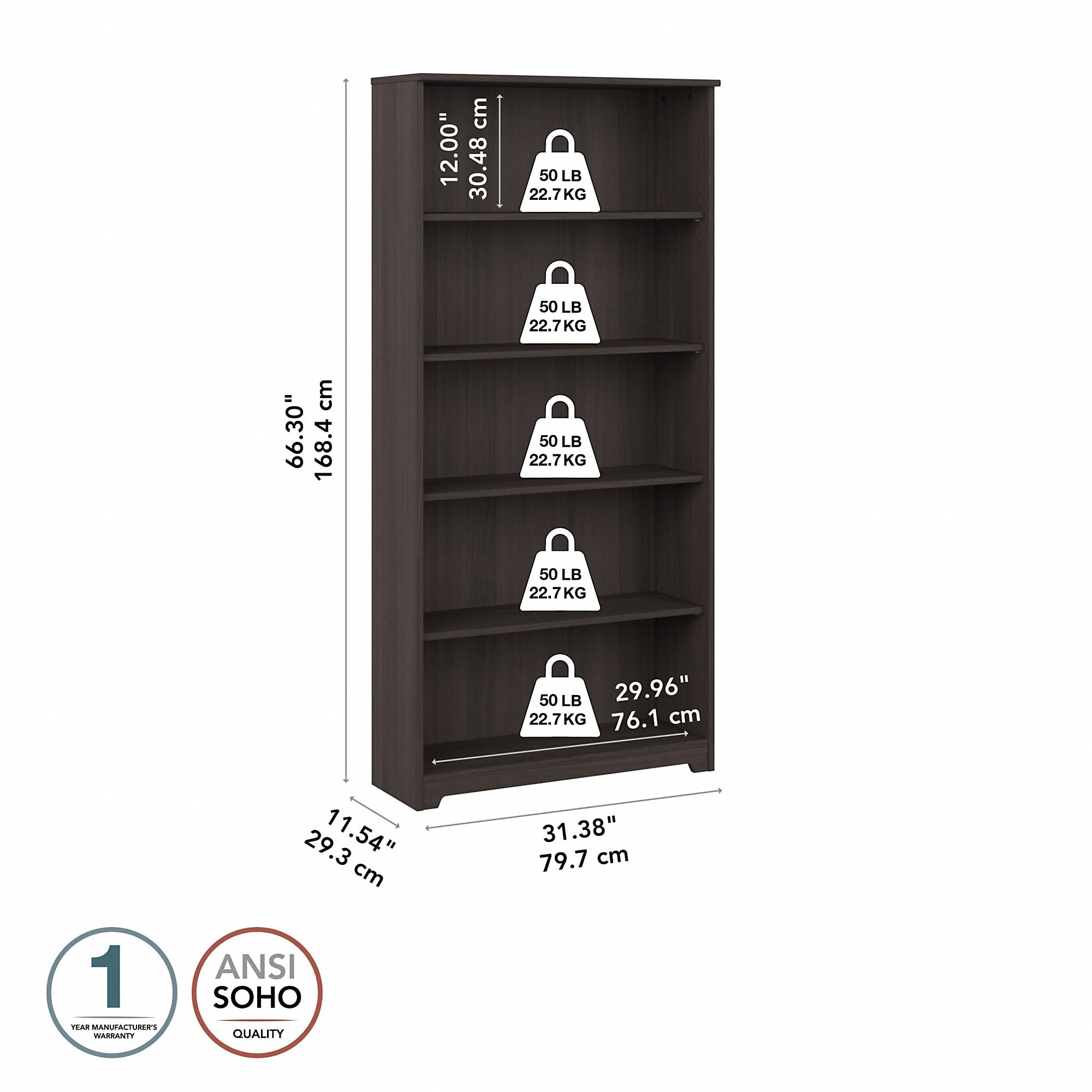 Bush Furniture Cabot Tall 5 Shelf Bookcase, Heather Gray