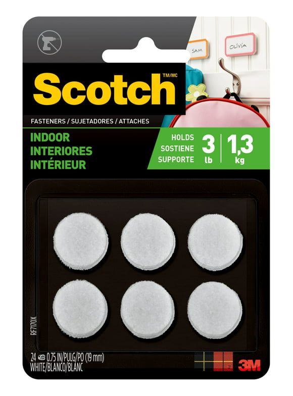 Scotch Indoor Fasteners, Holds 3 lbs., White, 3/4" x 3/4", 24 Squares