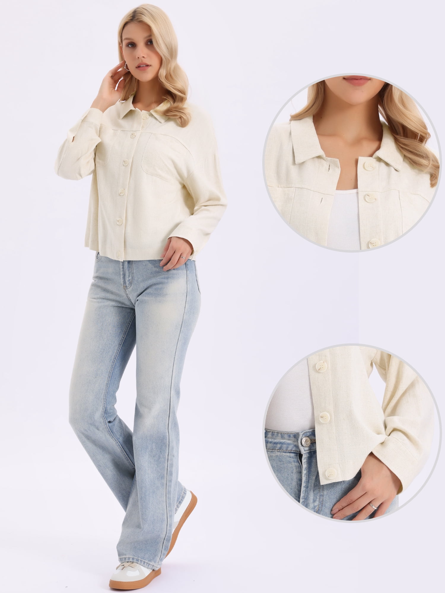 DARING DIVA Women's Long Sleeve Button Down Lapel Jacket With Pockets XS Beige