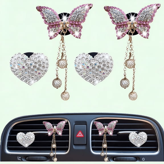 LAMIRO Butterfly Heart Car Vent Clips, Pink Rhinestone Car Air Freshener Vent Clips, Cute Car Interior Decor, Bling Car Accessories for Women