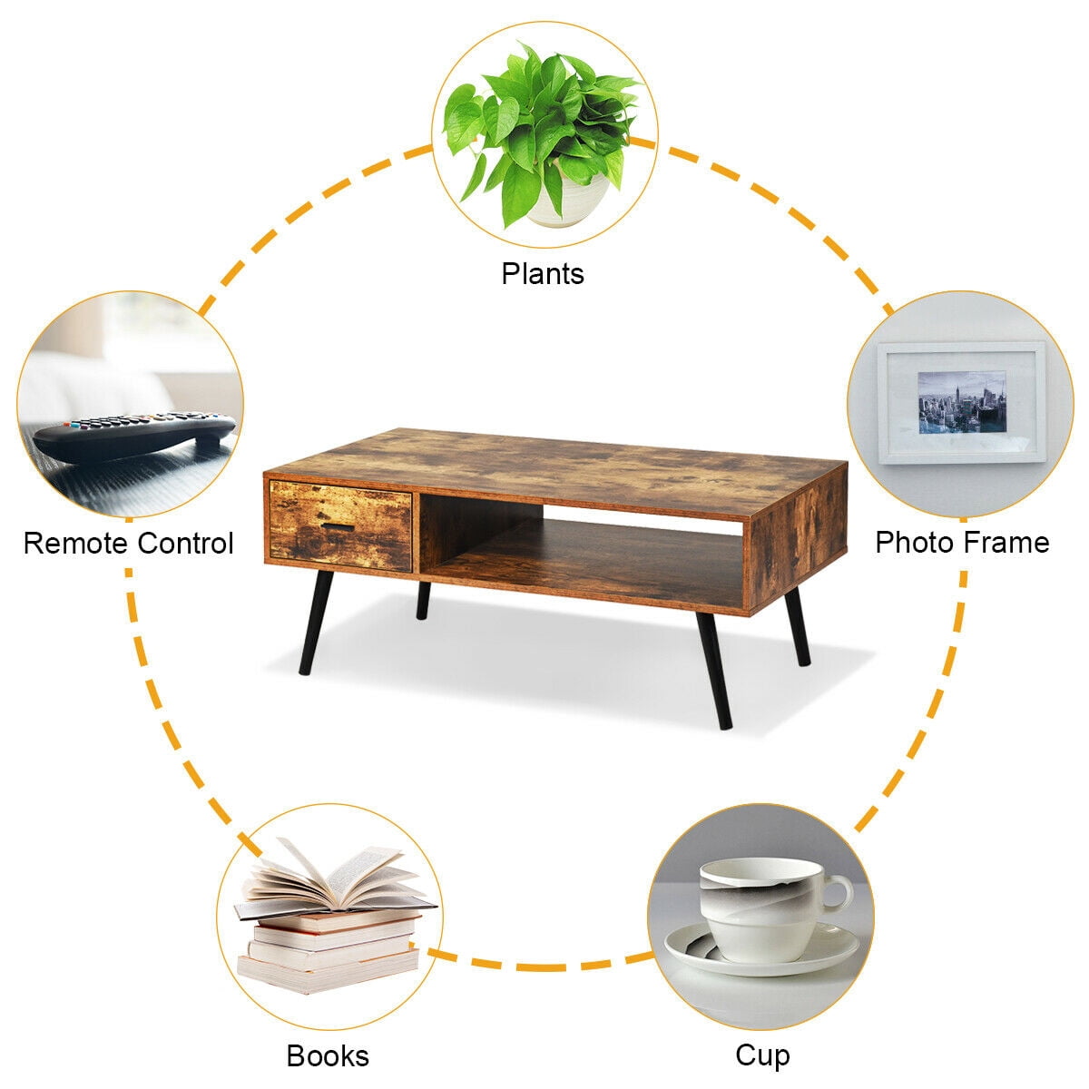 Gymax Retro Coffee Table Mid Century Modern Living Room Furniture w/Open Storage Shelf
